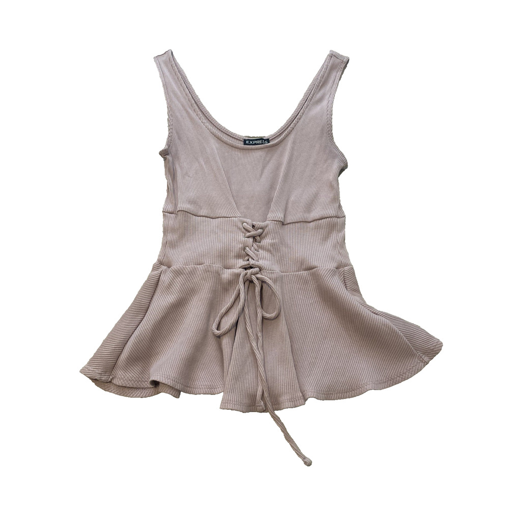 Express Women Dusty Pink Ribbed Peplum Top Small Corset Lace Up Front Flared Hem